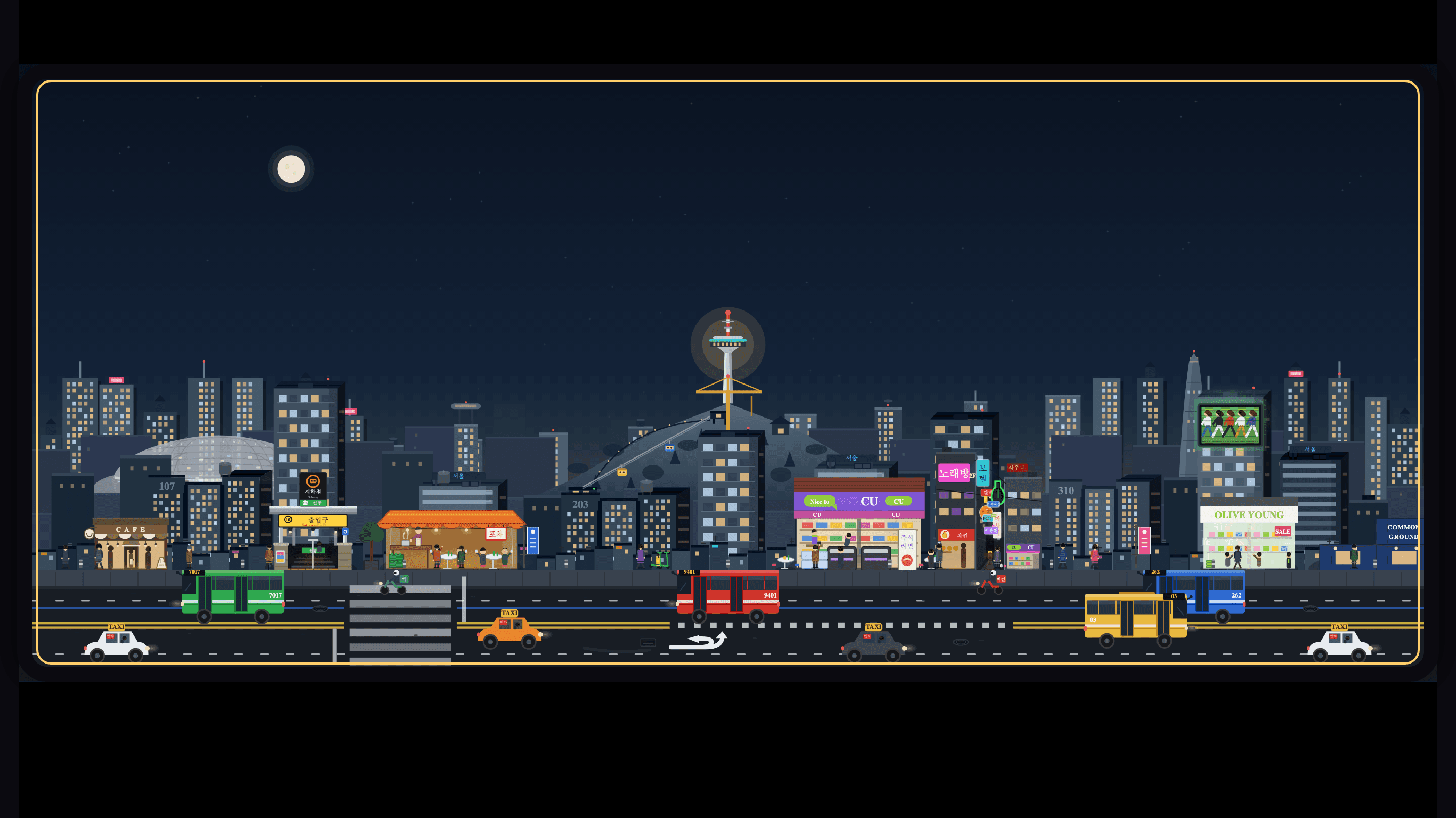 The illustrated Seoul night scene at the end of the Arirang Express route