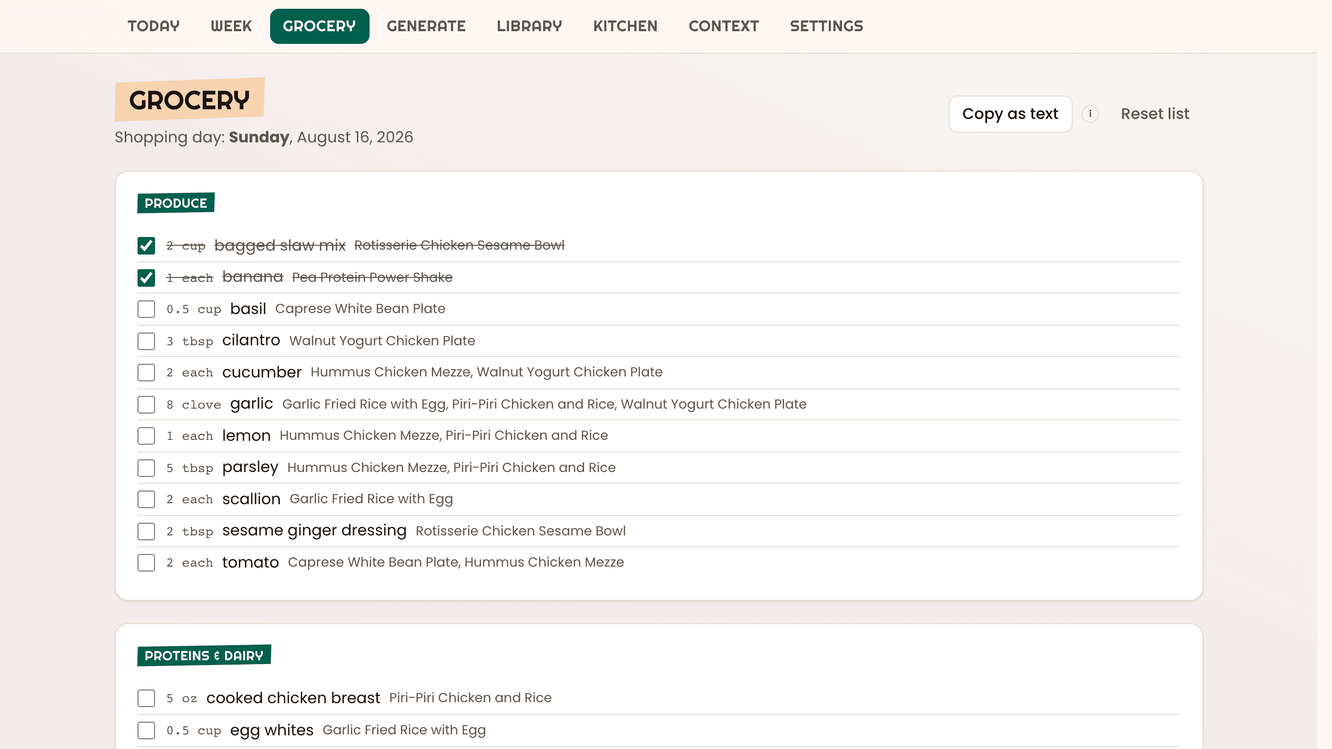 The grocery list, grouped by aisle, with each ingredient traced back to its recipe